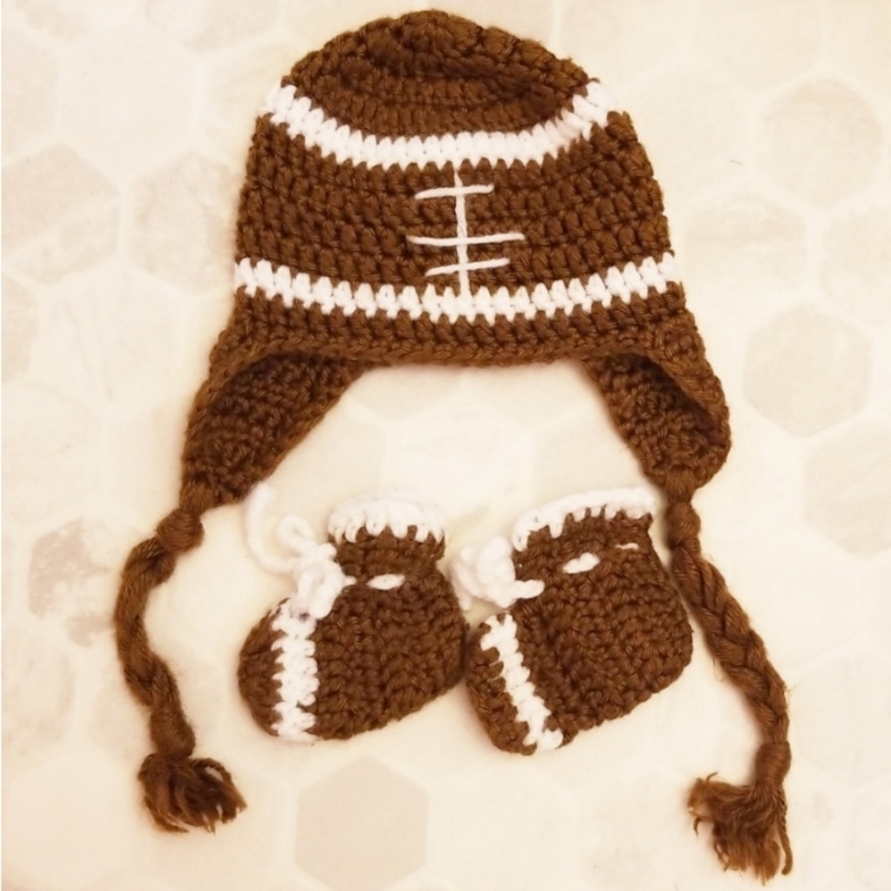 *handmade* crochet football hat & booties